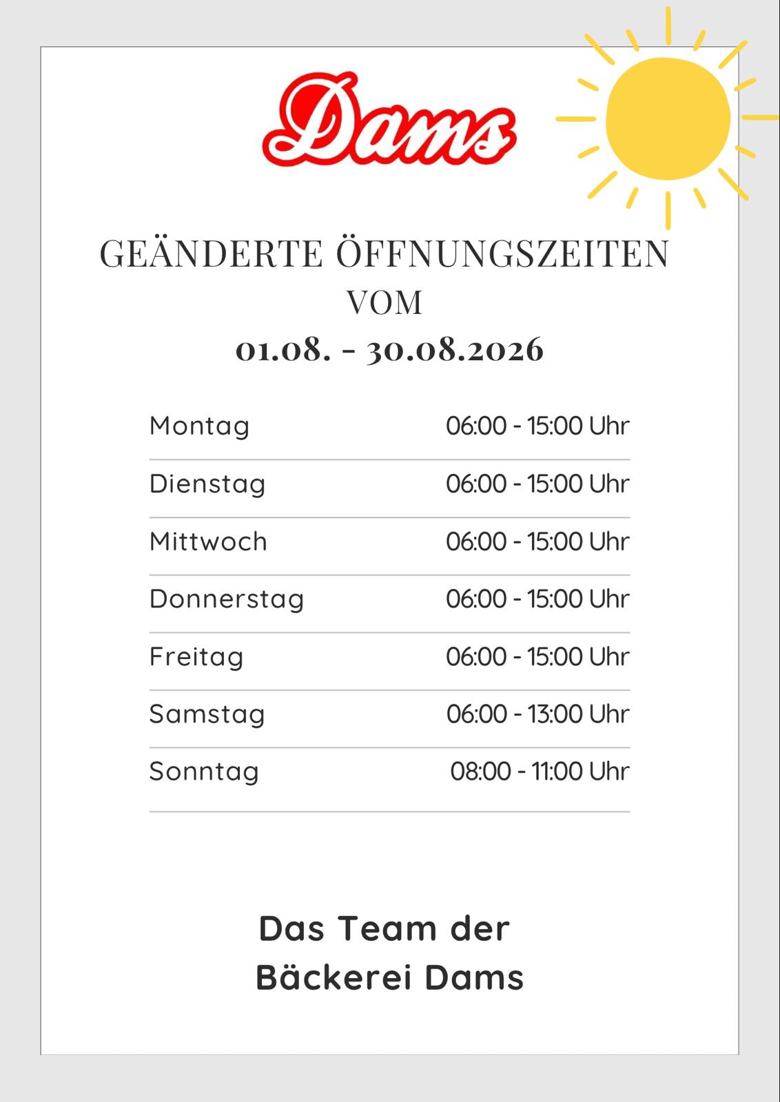Bäckerei Dams Öffnungszeiten