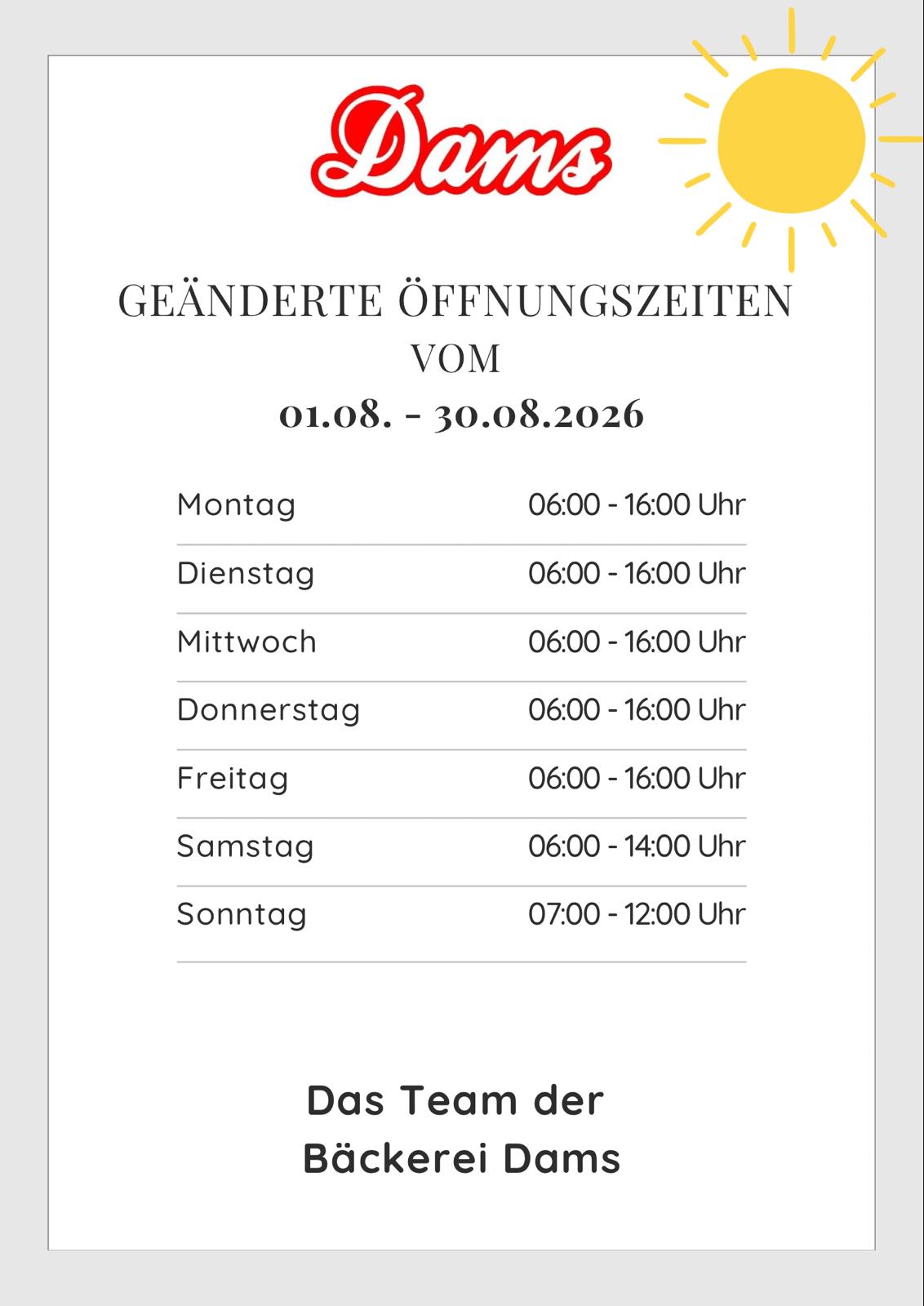 Bäckerei Dams Öffnungszeiten